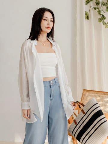 立體紋理翻領寬鬆防曬罩衫襯衫