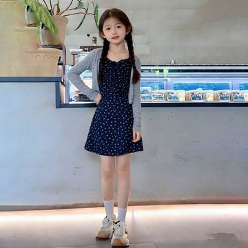 必敗清單✅女童裝法式收腰碎花吊帶裙薄款長袖防曬開衫兩件套連衣裙套裝森女29XO