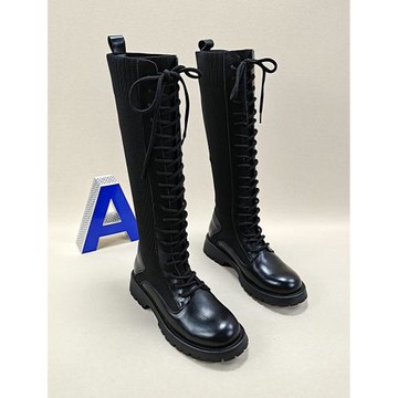 2025新款拼接針織彈力顯瘦騎士靴女真皮高筒馬丁靴網紅秋冬長靴