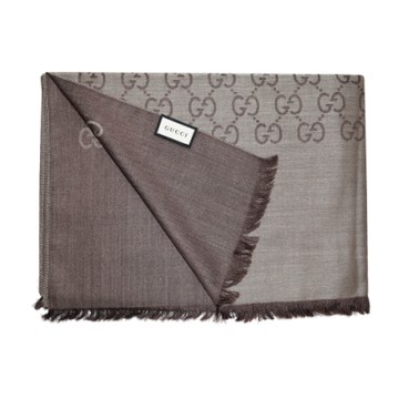 GUCCI 經典GG緹花印花羊毛混絲流蘇圍巾/披肩 200x70cm (咖啡色)
