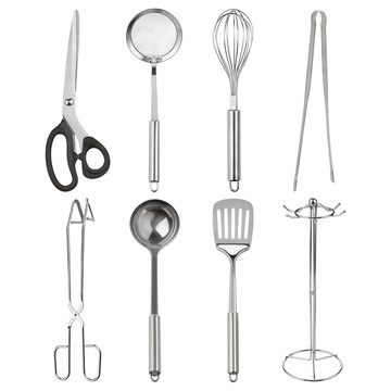 VILIVIN 不銹鋼料理用具8件組 湯勺 + 撈沫勺 + 鍋鏟 + 攪拌器 + 廚房剪刀 + 廚房料理夾 + 剪刀型料理夾 + 收納架 銀色  1組