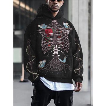 3D skeleton loose hooded hoodie   3D骷髏寬松長袖連帽衛衣男女