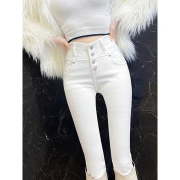 白色外穿打底褲女高腰加絨春秋冬新款排扣顯瘦緊身小腳鉛筆長褲子