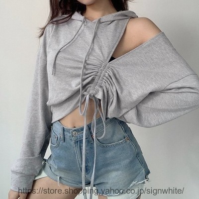 Tシャツレディース 漏れ肩 フード付き長袖 へそ出しショート丈 トップス ショートタンクトップ ゆる 通販 Lineポイント最大get Lineショッピング