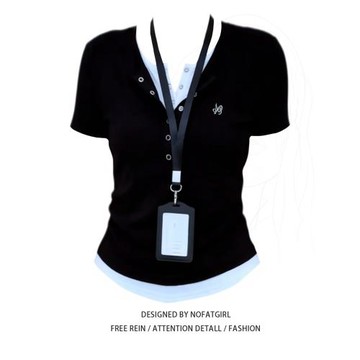 大碼胖MM黑色V領假兩件短袖T恤女夏季設計感韓系撞色拼接顯瘦上衣