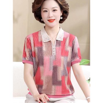 媽媽夏裝短袖t恤翻領小衫中年冰絲T恤女中老年女裝上衣洋氣高貴