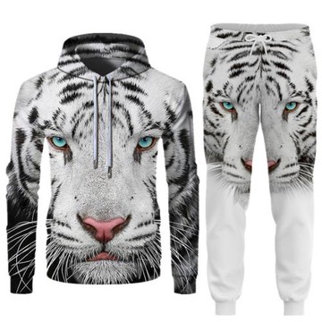 春秋3D立體印花老虎個性嘻哈寬松大碼男士上衣衛衣長褲衛褲套裝