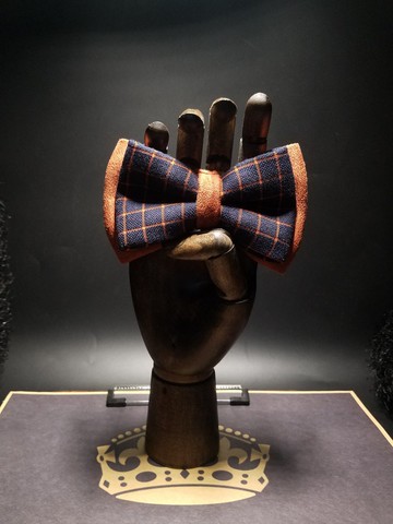 咖啡色麂皮拼格子領結復古雙層蝴蝶結