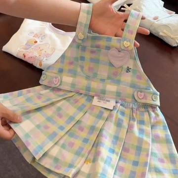 Mini baby🌷女童春夏吊帶短裙套裝寶寶多巴胺格子半身裙卡通長袖