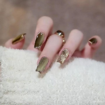 💅限時下殺穿戴甲💅美拉德晶石貓眼墨綠成品美甲穿戴甲中長款高級顯白輕奢純手工貼片手工穿戴甲 ZZ7R