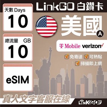 LinkGO白鑽卡 美國A eSIM卡 10天上網卡 總流量10GB  高速流量(美國網卡 舊金山 洛杉磯 紐約 西雅圖)