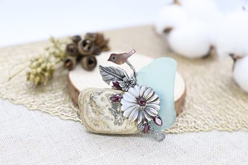 小鳥天然石手工獨特胸針