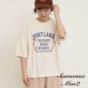 Samansa Mos2 玫瑰x英文印花泡泡袖休閒T恤(0F001081910)
