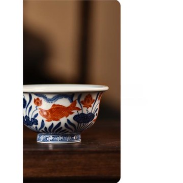 子成窯全手工手繪仿明宣德青花斗彩魚藻紋壓手杯茶具單杯主人杯