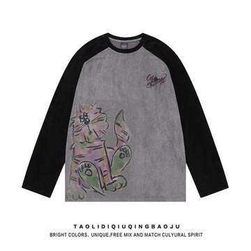 復古手繪涂鴉拼色插肩長袖T恤女潮牌寬松休閑麂皮絨情侶做舊上衣