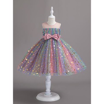 亮閃閃彩虹亮片女童禮服公主裙蓬蓬彩色兒童裙子演出服舞臺連衣裙