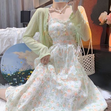 吊帶洋裝細肩帶連衣裙套裝女女裝御姐風防曬開衫收腰顯瘦裙子薄款【倪醬】