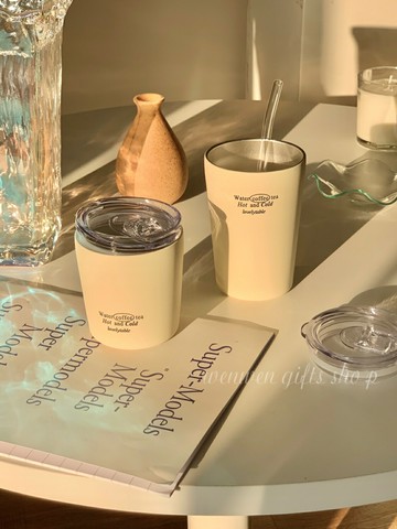 ins韓國博主同款字母奶油色磨砂304內膽不銹鋼保溫杯帶蓋咖啡杯