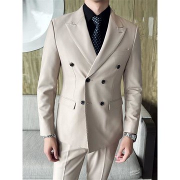 杏色痞帥西裝外套男雙排扣韓版修身英倫風戧駁領西服套裝男士休閑