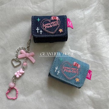 guanview 少女創意牛仔刺繡愛心粉熊掛件適用AirPodsPro2蘋果無線藍牙耳機殼AirPods1/2代硅膠新款3代防摔套