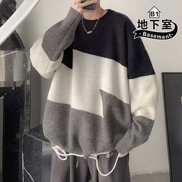 地下室B1 針織衫 日系寬鬆毛衣 男女圓領套頭 長袖上衣 情侶裝 男生衣服 寬條紋【NL662074】
