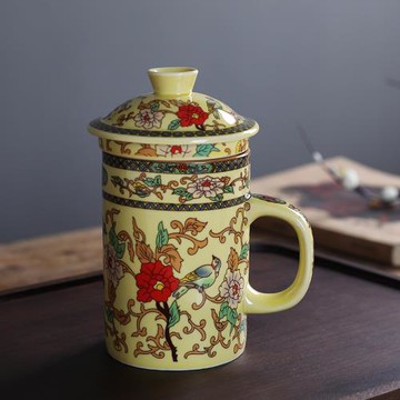 陶瓷水杯個人杯辦公杯青花帶蓋茶杯帶過濾家用杯子泡茶杯馬克杯