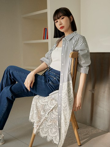 寬版純棉直條紋蕾絲拼接長版襯衫外罩