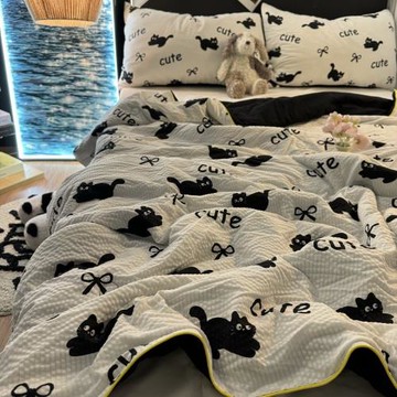 夏季可機洗泡泡紗雙人夏涼被卡通可愛貓咪夏被空調被宿舍薄被子