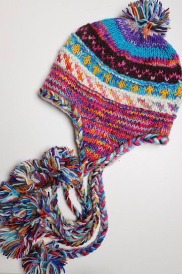 桃粉色七球純羊毛線手工編織全襯防風毛帽子護耳帽|保暖交換禮物