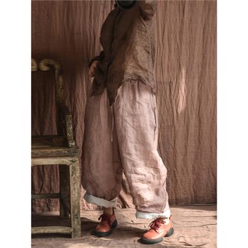 4059原創自制夏款輕薄苧麻雙層闊腿蘿卜褲寬松文藝女式休閑長褲女