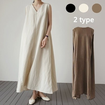 リネンワンピース レディース ワンピース マキシ ロング 大きいサイズ 夏 韓国ファッション ゆったり リネン Vネック ランドネック 無地 コットン リネン シンプル ブラック ベージュ きれいめ 通販 Lineポイント最大get Lineショッピング