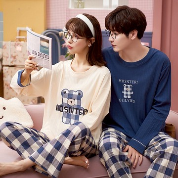 情侶睡衣春秋季2021年新款純棉長袖可愛女生男士可外穿家居服套裝