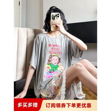 HEARMES 薄款~油畫卡通莫代爾睡衣女夏季短袖短褲冰絲日系家居服