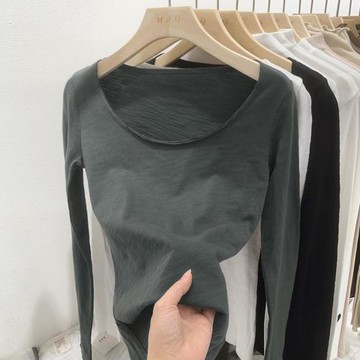 低圓領鎖骨長袖T恤女秋季2023新款竹節棉內搭上衣女百搭