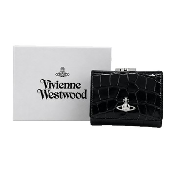 Vivienne Westwood 鱷魚紋皮革三折珠扣短夾-黑