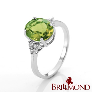 【BRILLMOND】 2克拉 天然橄欖石 鑽戒(925銀鍍白K金台)