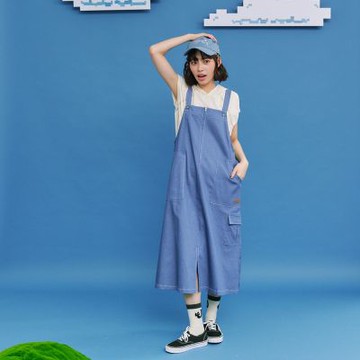 【Dailo】個性條紋仿牛仔吊帶長裙 淺藍 深藍