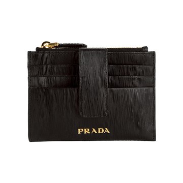 [平輸]PRADA 金色Logo 水波紋釦式卡夾/拉鍊零錢包(黑色)