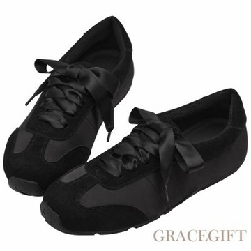 【Grace Gift】芭蕾步調復古拼接薄底德訓鞋 黑