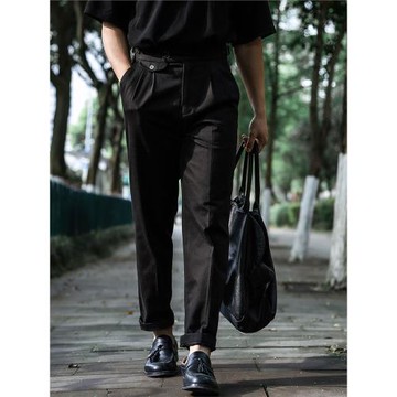 四季通勤意式復古那不勒斯巴黎扣休閑褲黑色高密純棉寬松直筒長褲