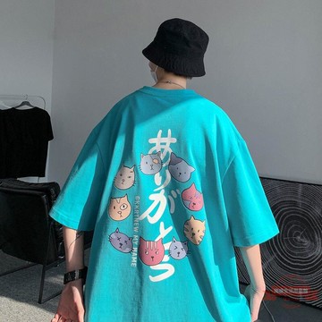 【新款現貨】 ins新款短袖體恤男2022年夏港風藝文卡通印花情侶圓領五分袖t恤C男士T恤五分袖夏季T恤