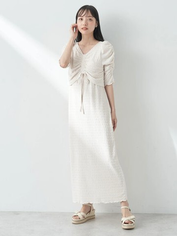 假兩件分層抽繩緹花設計連身洋裝(1M42L1H0200) - earth music&ecology