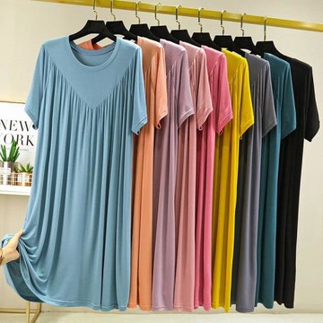 莫代爾睡裙寬松大碼連衣裙女夏2022薄款加肥加大睡衣裙百褶家居裙