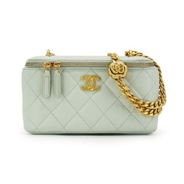 Chanel 展示品 Vanity Case 羊皮調節釦霧金鍊斜背化妝箱(AP3301-水藍)