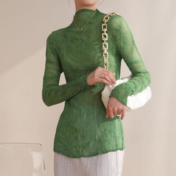 半透視立領長袖褶皺上衣時尚百搭純色半高領t恤女修身顯瘦打底衫