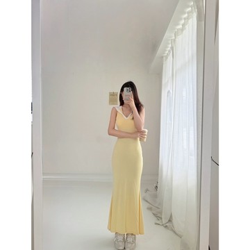 新品現貨!!夏天就是要繽紛色系💛連帽撞色V領魚尾長洋裝 可拆式手掌杯 彈力棉料 包臀洋裝 連衣裙 撞色套裝 大奶長裙