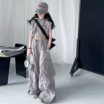 台灣出貨女童套裝2025工裝褲夏季新款洋氣中大童時髦背心無袖兩件套