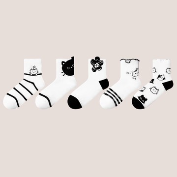 love, charlotte - 插畫黑白貓咪網眼短筒棉襪-5 雙一組
