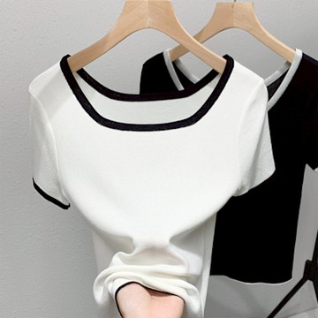 設計所在 專注內搭系列 冰絲針織衫短袖撞色T恤方領上衣(2色 S-2XL可選)