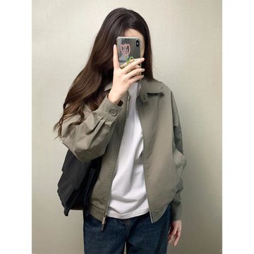 美式復古翻領拉鏈短款外套女秋季新款高級感寬松休閑百搭上衣夾克